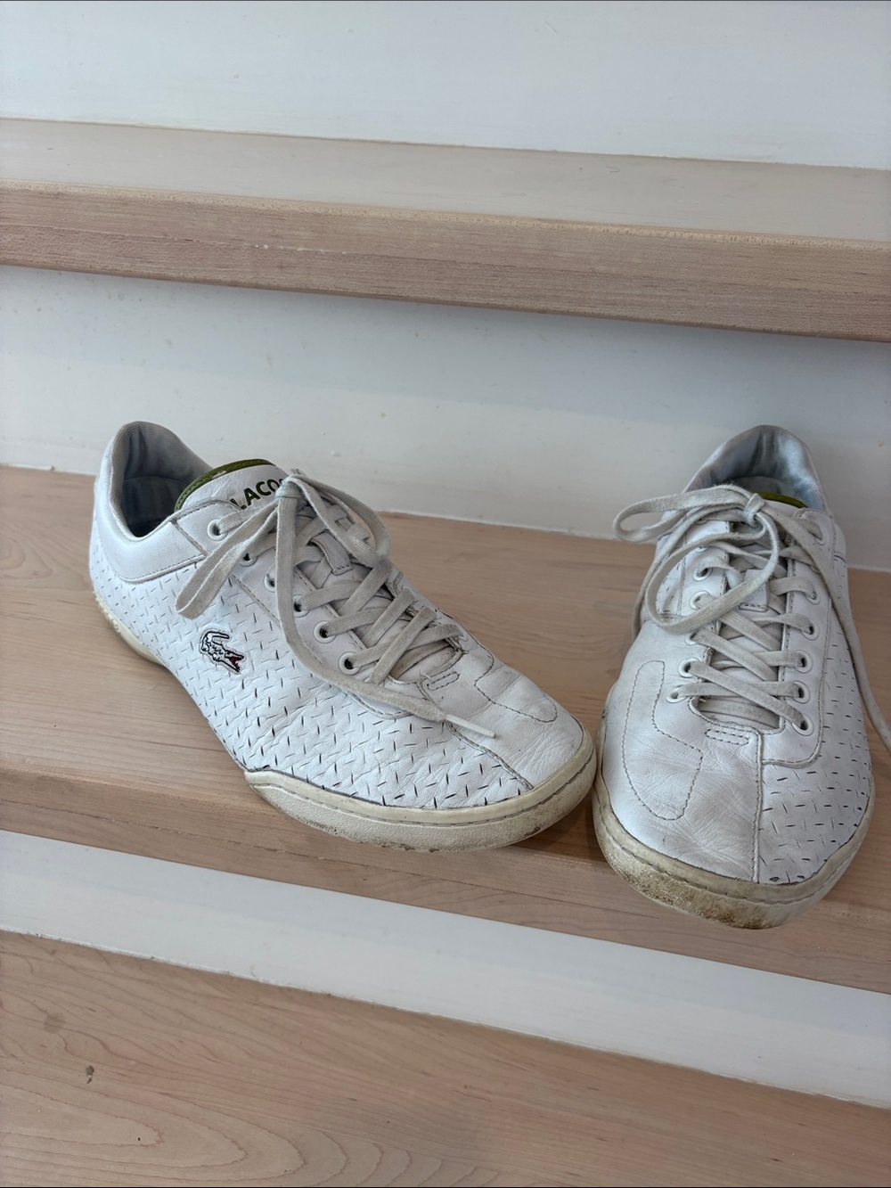 Lacoste White Men's Leather Sneakers with Subtle Green Accent 10.5